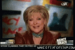 nancy grace is smiling in front of a screen that says " make gifs at gifsoup.com "