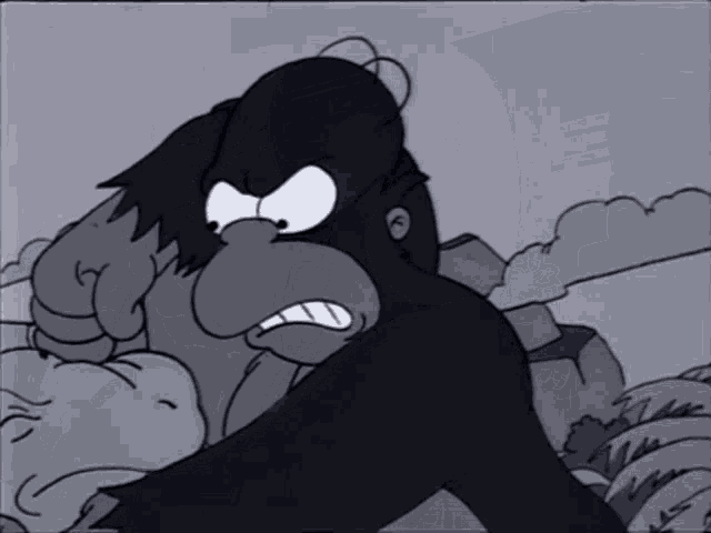 a black and white cartoon of homer simpson fighting a gorilla