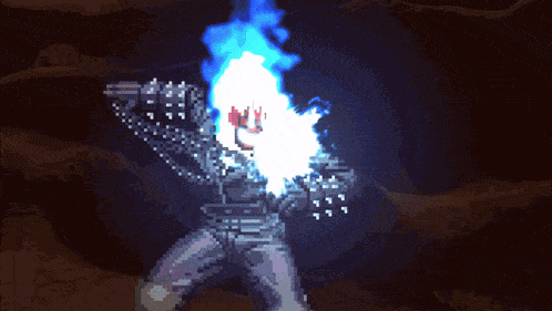 a pixel art of a ghost rider shooting a blue flame