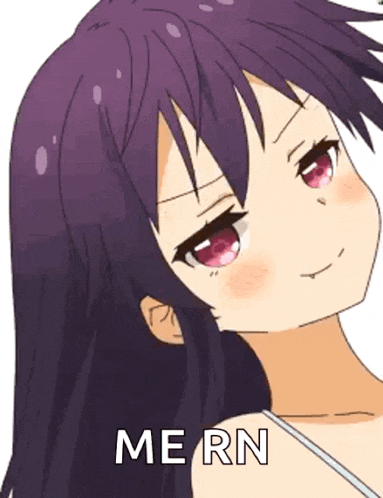 a girl with purple hair and red eyes is smiling and says me rn .