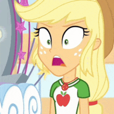 a cartoon girl with a surprised look on her face is wearing an apple shirt