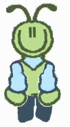 a cartoon drawing of a green bug with a smiley face on it 's face .