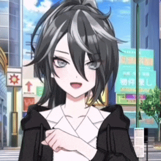 a girl with black and white hair is standing in front of a sign that says ' aoyama ' on it