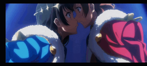 a couple of anime characters standing next to each other kissing