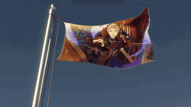 a flag with a picture of a man in a boat on it