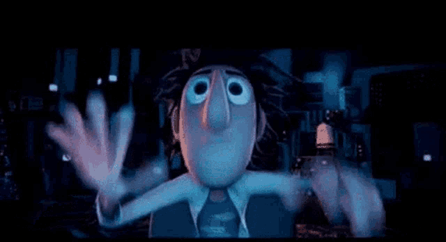 a cartoon character is standing in a dark room with his arms outstretched and smiling .