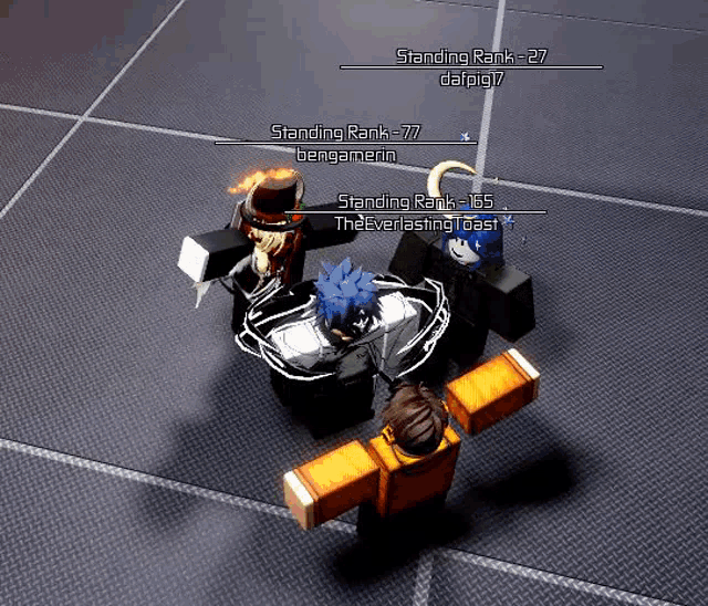 a group of roblox characters are standing around a table with standing rank written on the top