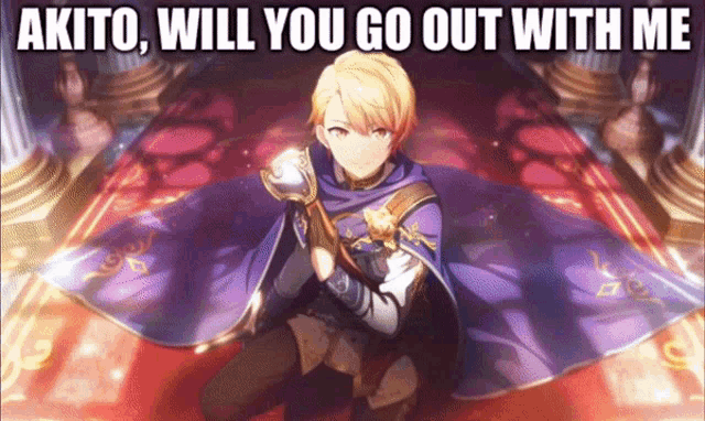 a man in a purple cape with the words akito will you go out with me on the bottom