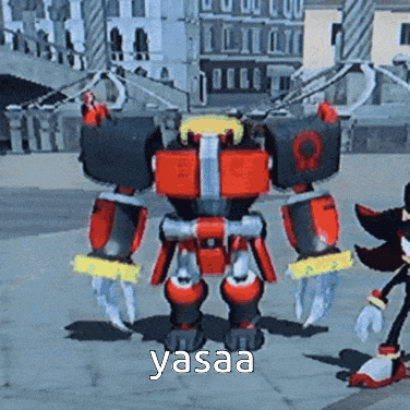 shadow the hedgehog is standing next to a robot that says yasaa on it