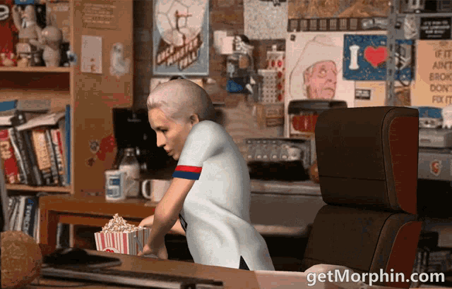 a computer generated image of a woman sitting at a desk with a box of popcorn on it