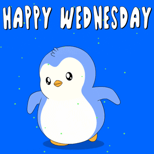 a blue background with a penguin and the words happy wednesday on it