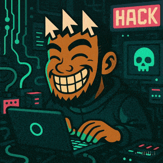 a cartoon of a man using a laptop with a speech bubble that says hack on it
