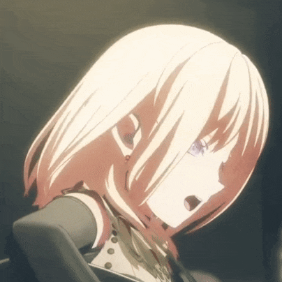 a close up of a blonde anime girl 's face