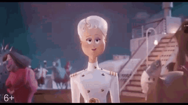 a cartoon character in a white uniform is standing in front of a crowd of people .