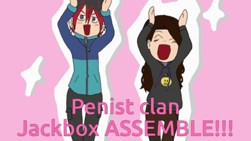 a cartoon of a boy and a girl with the words penis clan jackbox assemble !!!