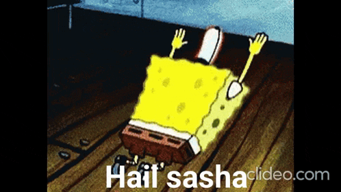 a cartoon of spongebob laying on the floor with haif sasha written below him