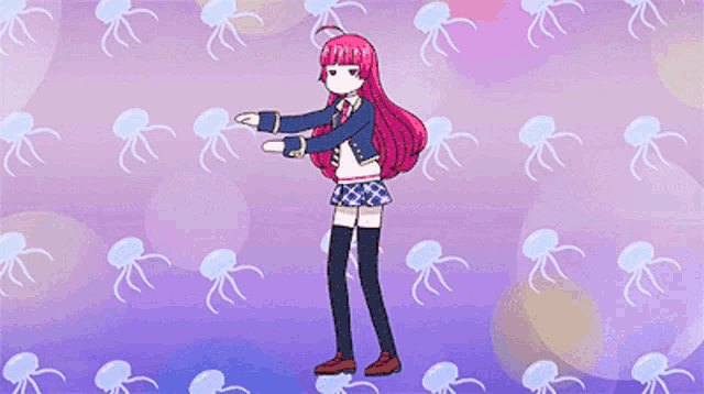 a girl with red hair is dancing in front of jellyfish
