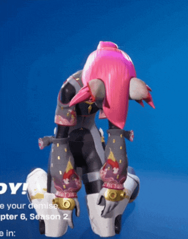 a fox with pink hair is kneeling down with a blue background