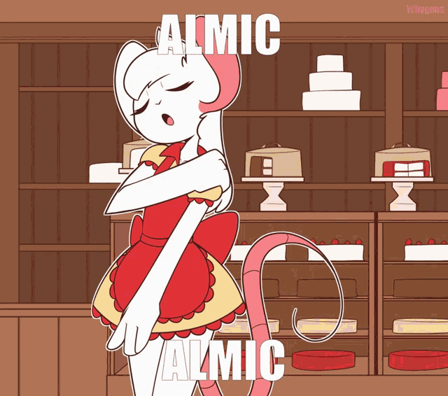 a cartoon drawing of a mouse with the word almic above her