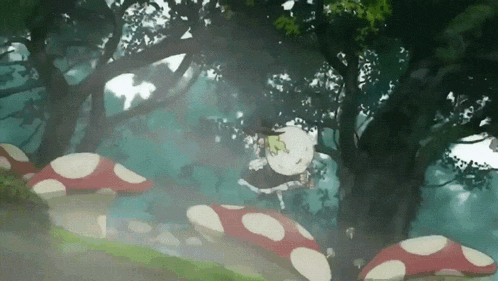 a cartoon of a girl in a white dress surrounded by mushrooms