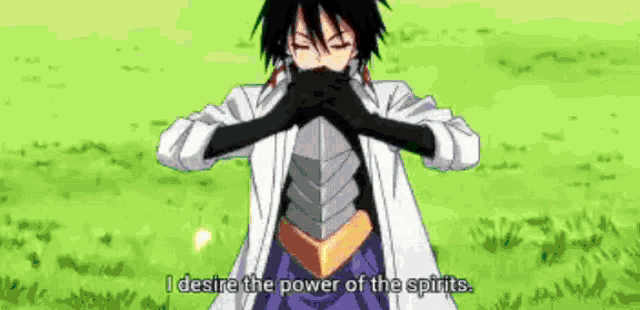 a man in a white coat and black gloves is standing in a grassy field with his hands on his face .