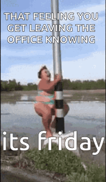 a woman in a bikini is hanging on a pole with the words that feeling you get leaving the office knowing it 's friday