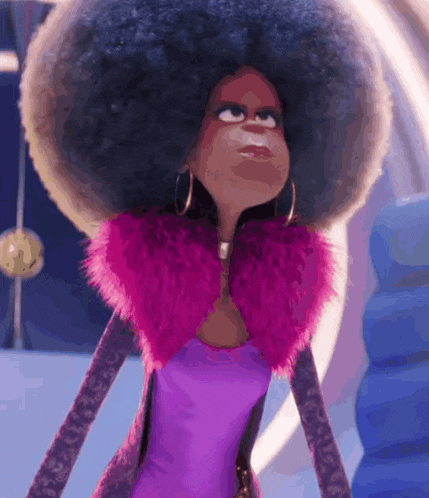 a cartoon character with a big afro is wearing a pink fur coat .