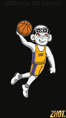 a cartoon of a monkey holding a basketball with the word zhot on his shirt