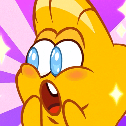 a yellow cartoon character with blue eyes and a surprised expression