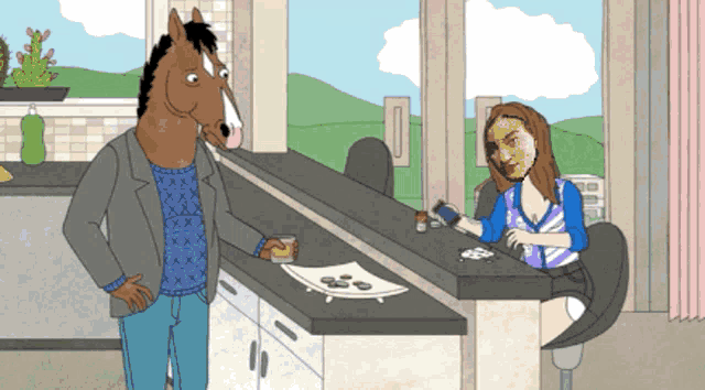 a cartoon of a horse standing next to a woman at a counter