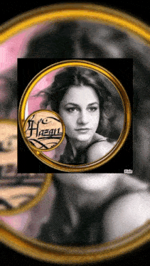 a black and white photo of a woman in a gold circle with the word hazmi on it
