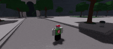 a person in a video game is standing in a park with trees