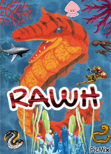 a picture of a seahorse with the word rawh written on it