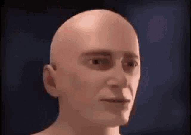 a close up of a man 's head with a bald head and a smiling face .