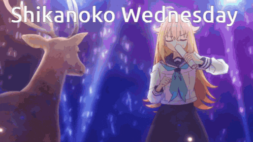 a girl is singing in front of a deer with the words " shikanoko wednesday " above her