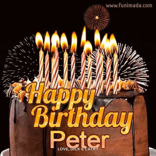 a chocolate birthday cake with candles and fireworks for peter