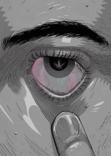 a black and white drawing of a person 's eye with a marijuana symbol on it