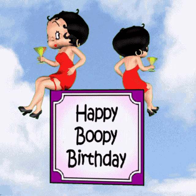 two betty boop cartoon characters sitting on top of a sign that says happy boopy birthday