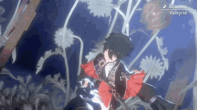 a video game character named valkyrie is surrounded by flowers and trees .