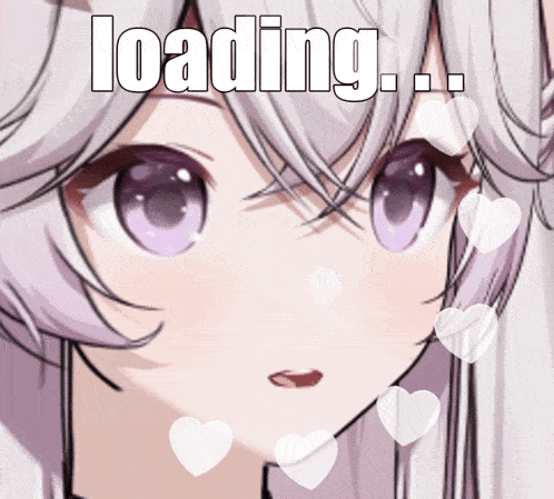 a girl with white hair and purple eyes is surrounded by white hearts and the word loading