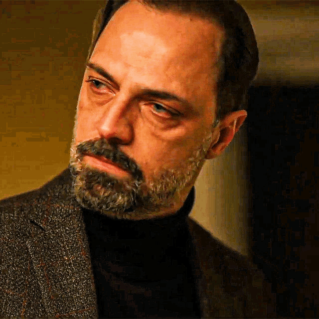 a man with a beard is wearing a black turtleneck