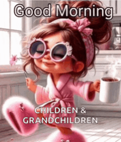 a girl in a bathrobe is holding a cup of coffee and a flower .