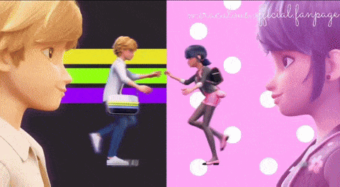 a boy and a girl are standing next to each other with the words miraculous official fanpage on the bottom