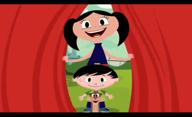 a girl and a boy are behind a red curtain