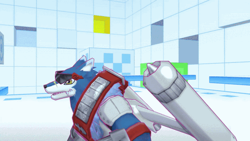 a cartoon drawing of a wolf holding a rocket