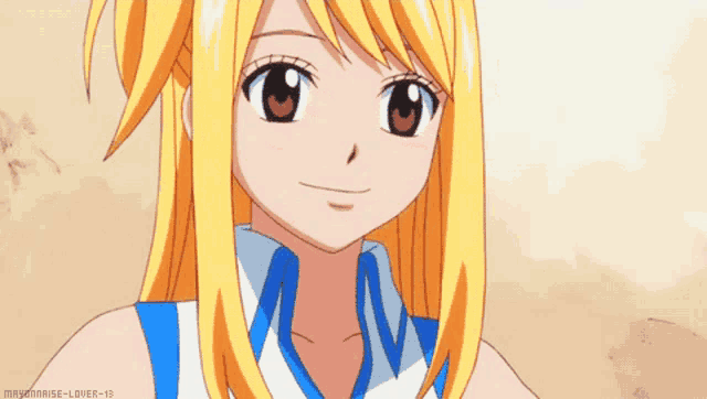 a close up of a blonde anime girl with a blue and white top