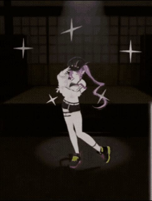a girl with purple hair is dancing in a dark room with stars behind her