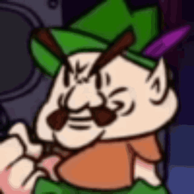 a cartoon character is wearing a green hat and sunglasses .