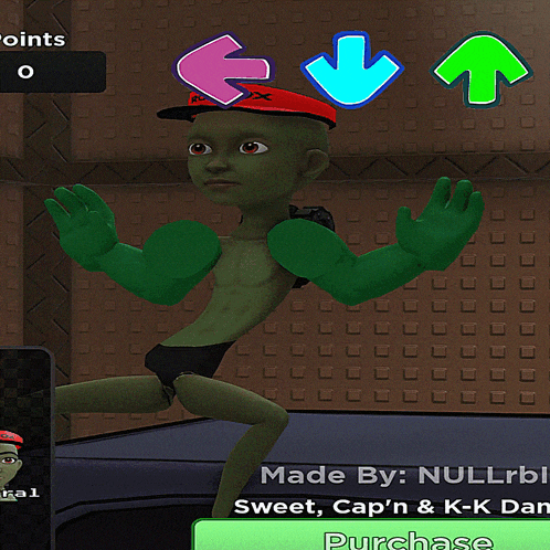 a cartoon character with green arms and a red hat is dancing