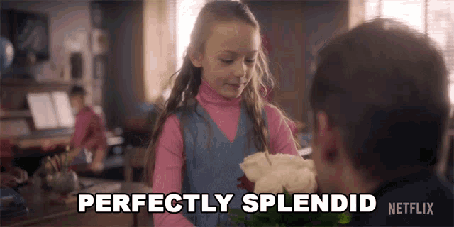 a girl is giving a bouquet of roses to a man and the words perfectly splendid netflix are visible